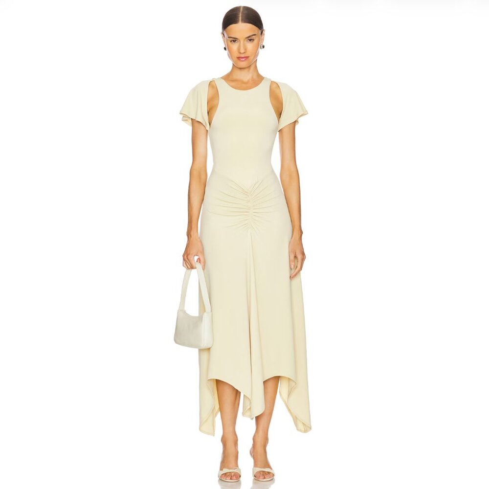 WeWoreWhat, Ruched Asymmetric Midi Dress, Color: Wheat, Size: S